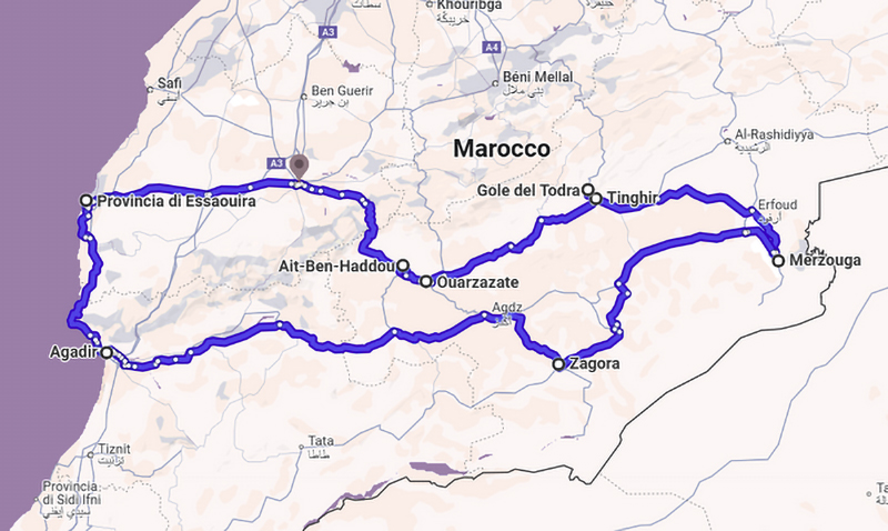 Mappa itinerario viaggio Marocco 4x4 Yuri e Ale